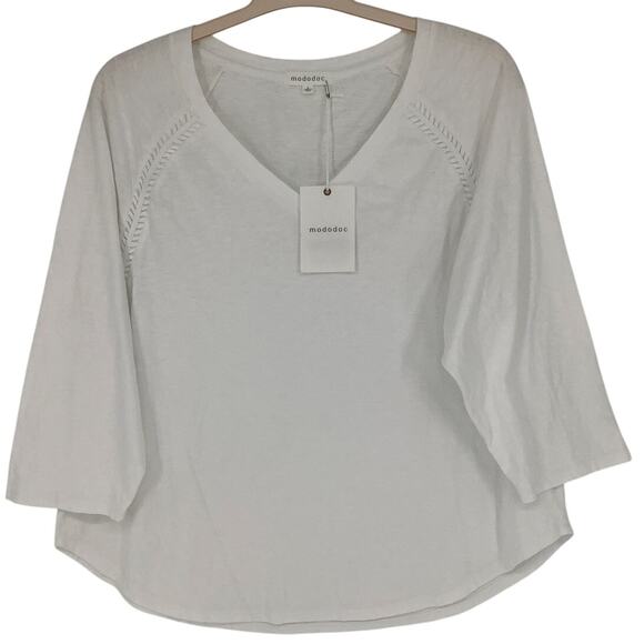 Mododoc Size Large White 3/4 Sleeve Twist Trim Top V Neck Minimalist OS19-17 - Picture 1 of 7